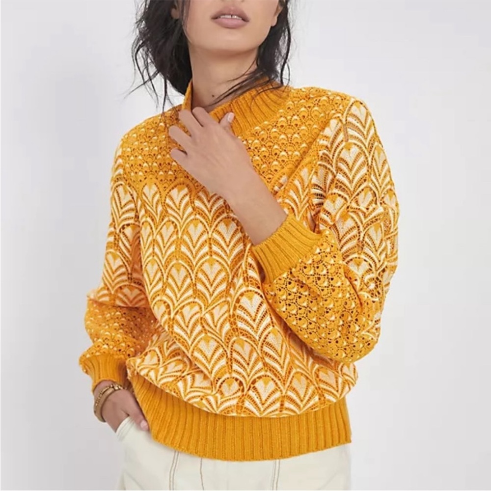 Anthropologie Yellow Patterned Crew Neck Sweater
